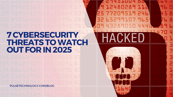 A read background with a padlock that has a skull on it and the word Hacked. Text: 7 Cybersecurity Threats to Watch Out for In 2025.