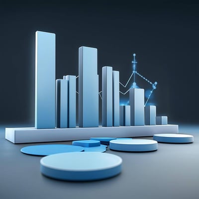 A 3D graphic of bar charts, line graphs, and pie charts.