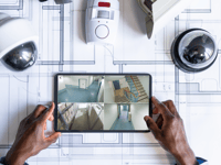 A person viewing security camera footage on their tablet which is sitting on a table with different security cameras.