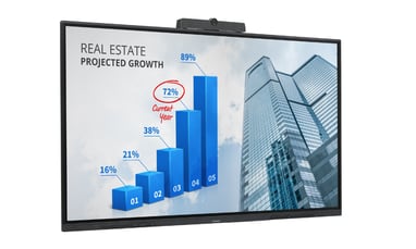 A smartboard with a bar chart on it and handwriting around one part of the chart.