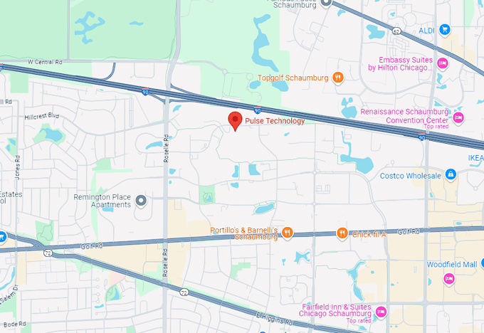 A screenshot of Google maps showing the Schaumburg, IL location of Pulse Technology