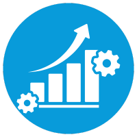 A bar graph with an upward arrow and gears on each side.