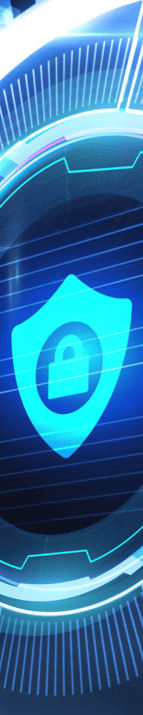 A blue digital shield with a lock on it.
