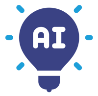 A purple lightbulb with blue lines coming out of it and the letters AI inside the bulb.