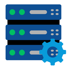 A graphic of a blue and black computer server with a light blue gear in front of it.