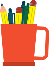 Pens and pencils in a mug.