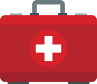 A red briefcase with a medical logo on the front.