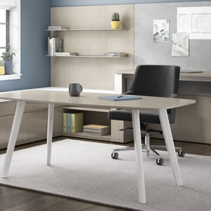 A personal office with a desk, chair, and shelving.