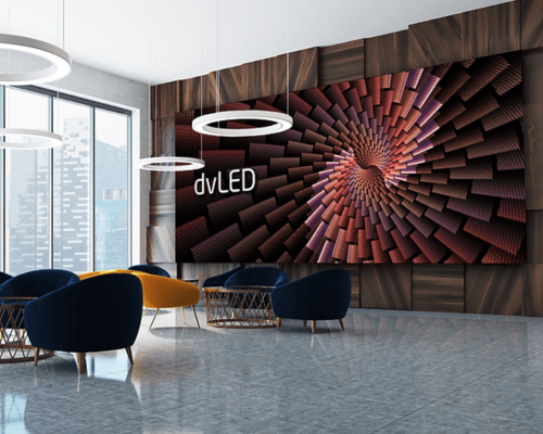 A dvLED video wall in a lobby of an office.