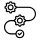 Two gears and a checkmark connected by a curved line.