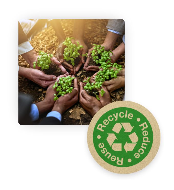 Two images. One is of business people planting plants. The other image is of the reduce reuse recycle logo.