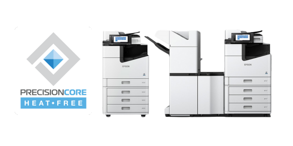 The Epson Precision Core Heat Free Logo next to two models of Epson multifunctional printers.