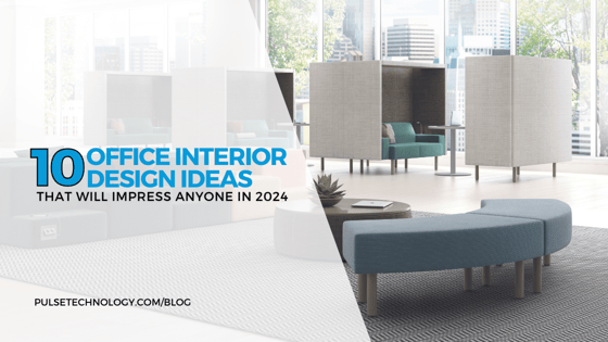 A large open space split up for different uses with chairs and tables in different locations. Text: 10 office interior designs ideas that will impress anyone in 2024. 