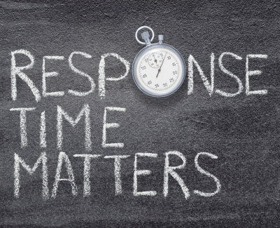 The words, "Response Time Matters" written in chalk. The letter "O" in the word "response" is replaced with a stopwatch.