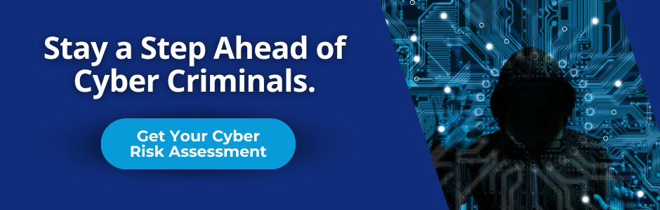 A hooded person in a dark room with light blue digital graphics around them that make it look like a circuit board. Text: Stay a Step Ahead of Cyber Criminals. Button: Get Your Cyber Risk Assessment