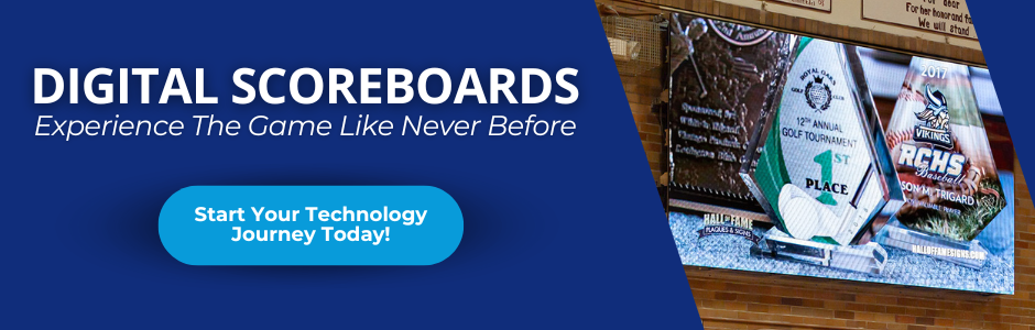 A digital scoreboard display with the words "Digital Scoreboards: Experience The Game Like Never Before" and a button that says "Start Your Technology Journey Today!"