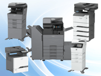 A collage of Sharp printers and multifunctional printers (MFPs)