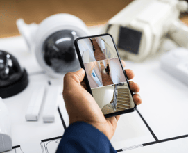 A business owner using their smartphone to look at surveillance footage of their facility. They are at a desk that has security cameras sitting on it.