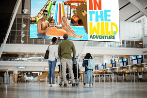 A family looking up at a video wall in an airport. The video wall has an advertisement for a local waterpark.