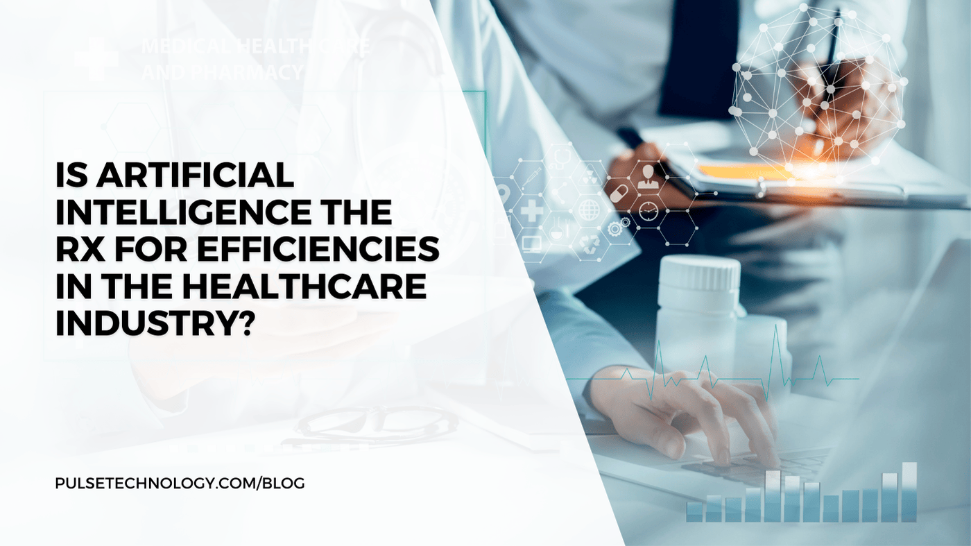 Text: Is artificial intelligence the RX for efficiencies in the healthcare industry? Image: A person working on a laptop with digital graphics over laying the image of bar charts and medical symbols.