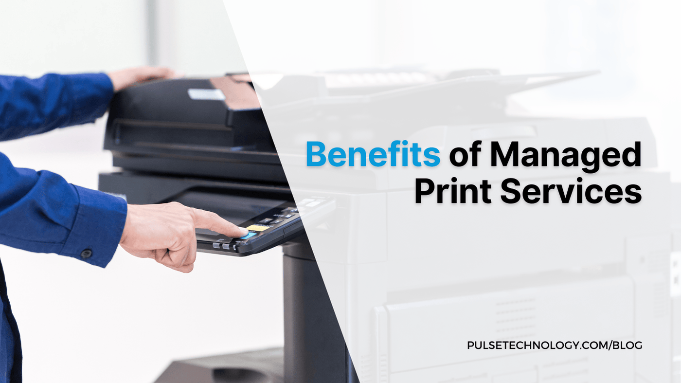 A person pressing a button on a copier. Text: Benefits of Managed Print Services.