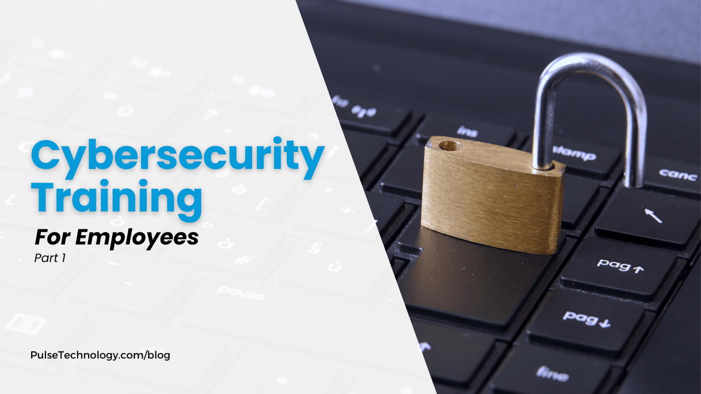 An unlocked padlock sitting on a keyboard. Text: Cybersecurity Training For Employees - Part 1