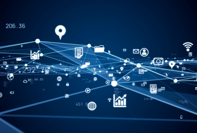 A blue background with ligher blue and white icons of graphs, wifi, folders, email, and people, all connected with lines. 