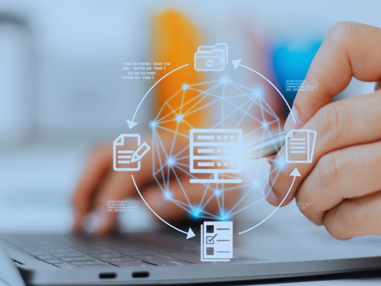 A close up image of a person on a laptop. Over the image are graphics creating a circle showing documents from creating to edit to checking and filing. In the middle is a graphic of a computer server.