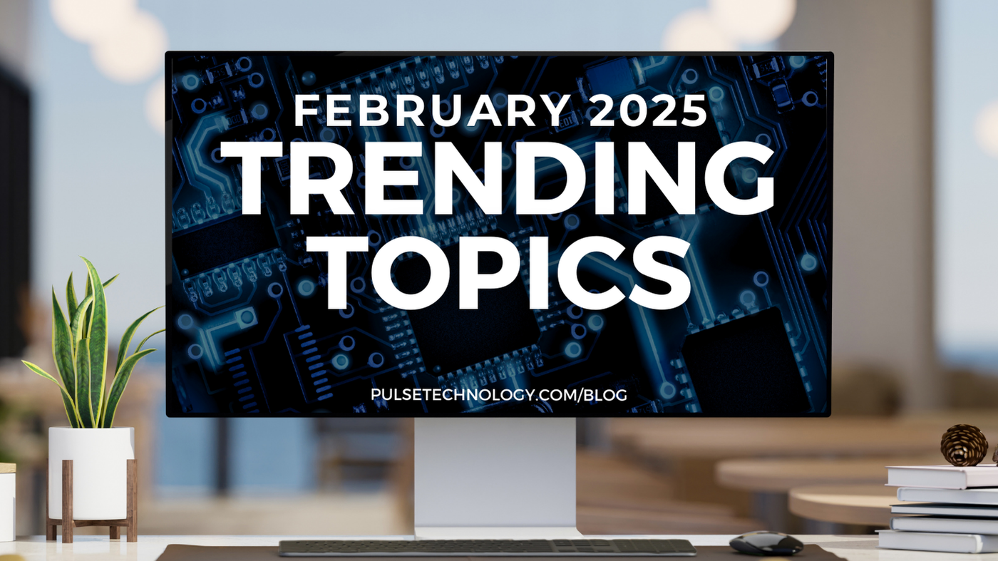 A computer monitor with a digital looking background and the words: February 2025 Trending Topics