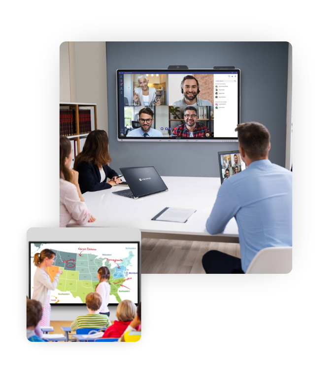 Two images. One image shows a smartboard at a meeting and the other is being used in an elementary school.