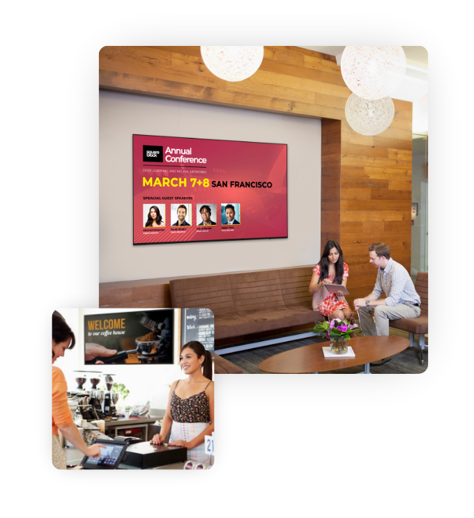 Two images. One is of a video wall at a lobby and the other image is a menu sign at a coffee shop.