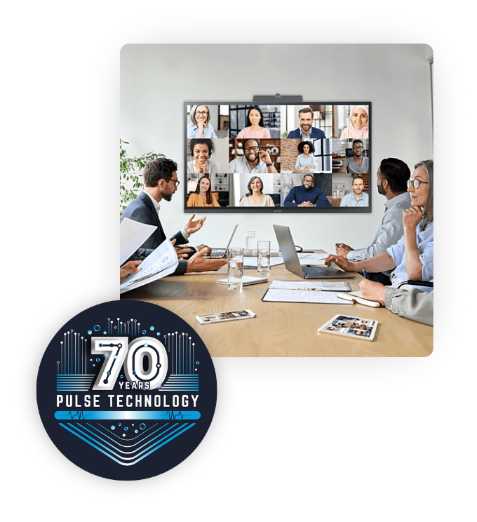 Two images. One image is of a group of people at a conference table having a meeting with a group of people on an interactive whiteboard. The second image is the 70th Anniversary logo for Pulse Technology.