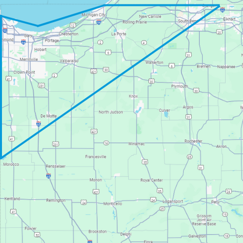 A map of the Indiana service area for Pulse Technology