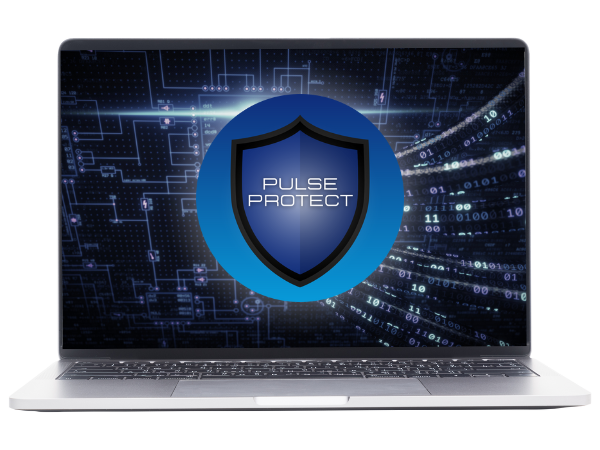 The Pulse Protect Logo on a laptop screen with a techy background behind it.