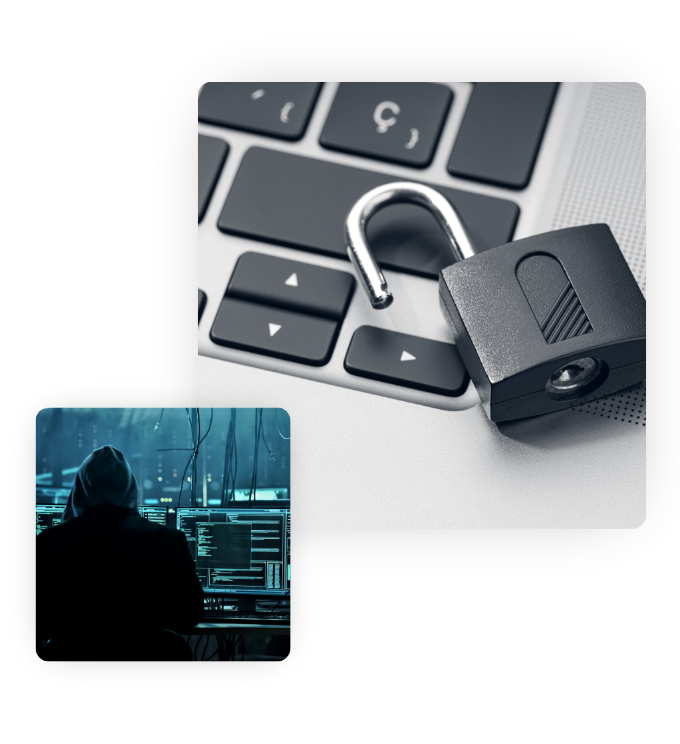 Two images. One is an unlocked padlock on top of a keyboard. The other image is a hooded person in a dark room working on multiple computers.