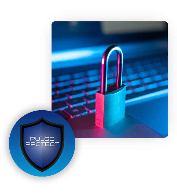 Two images overlapping one another. A padlock sitting on laptop keyboard is in the back and the Pulse Protect logo is in front of it.