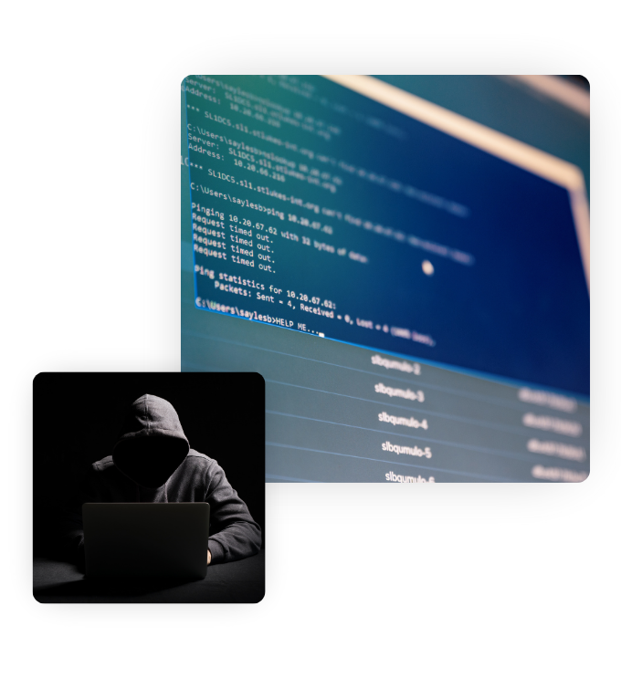 Two images. A close up of a computer screen with a scan running on it. The other image is of a hooded figure on a laptop in a dark room.