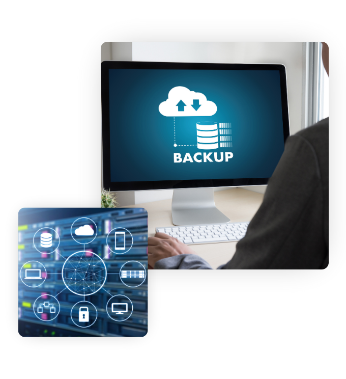 Two images. One image is of a person at their desk, backing up their data. The second image is a graphic of different devices and elements of a data backup and recovery system like the cloud, servers, workstations, and more.