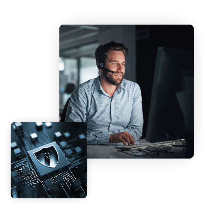 Two images. One is a person at a computer monitoring a network. The second is a graphic of a shield with a keyhole representing cybersecurity.