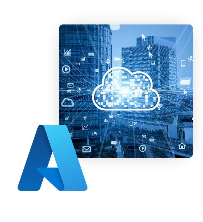 Two images. A digital looking cloud connected to different icons, superimposed over a city landscape. The second image is the Microsoft Azure logo.