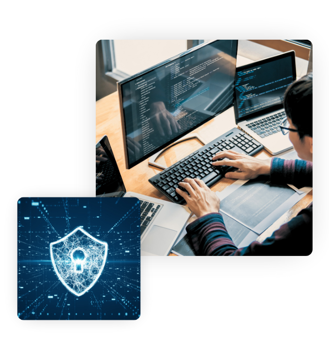 A person working on a computer and another image of a shield with a keyhole on it overlaying the first image.