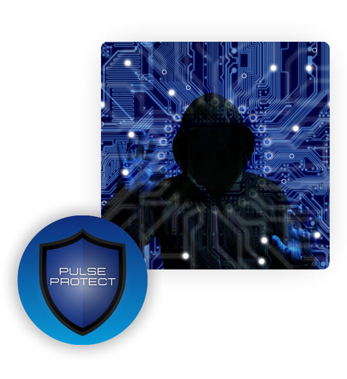 A hooded person surrounded by digital circuits. Next to this image is the Pulse Protect logo.