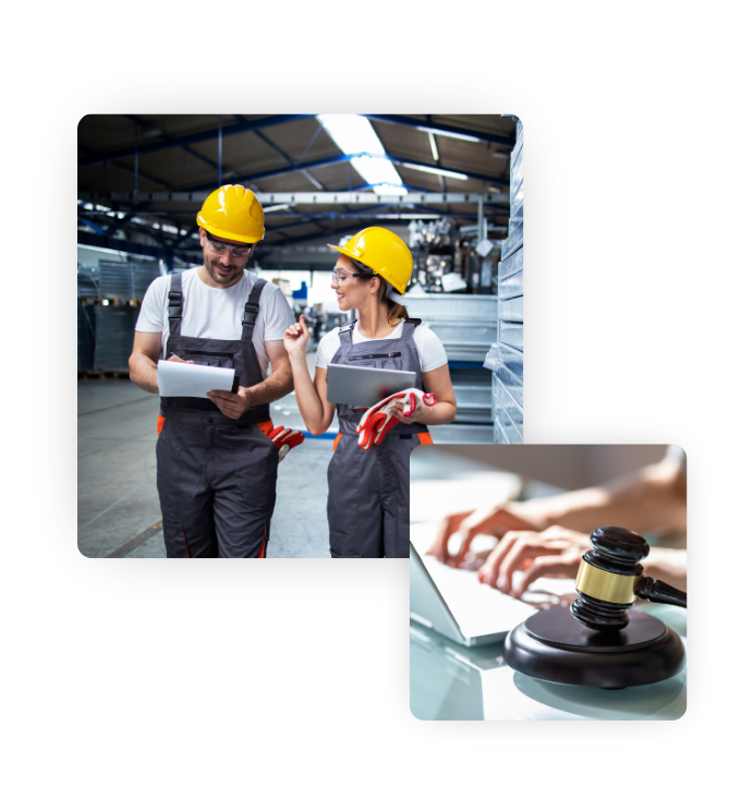 Two images. One is a picture of two people working in a manufacturing plant. The second image is a picture of a person typing on a laptop with a gavel next to them.