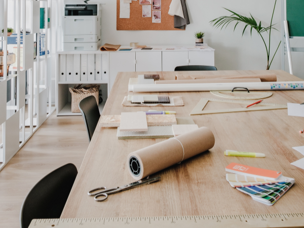 A long table in an office with design swatches and measuring tools.