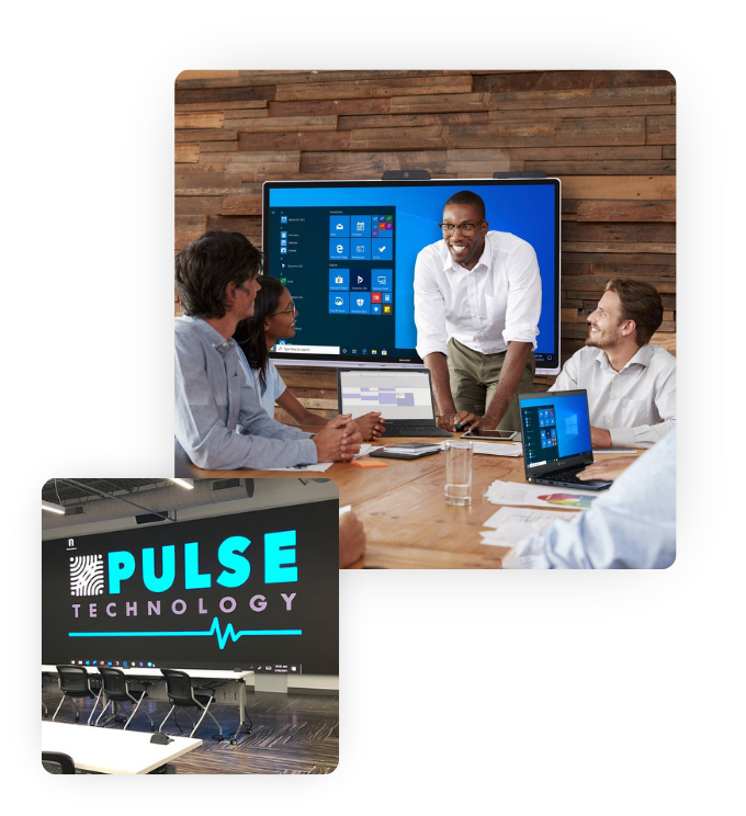 Two images. A person giving a presentation with an interactive whiteboard and another image of a large video wall.