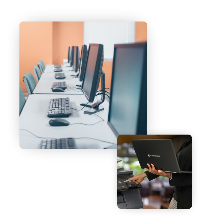 Two images. One image is of a row of desktop computers with monitors, keyboards and mice at long tables. The other image is of a person holding a laptop.