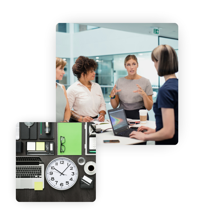 Two images. One is of four people collaborating and working at a standing desk. The other image is a top-down view of a desk that has a laptop, office supplies, and a clock.