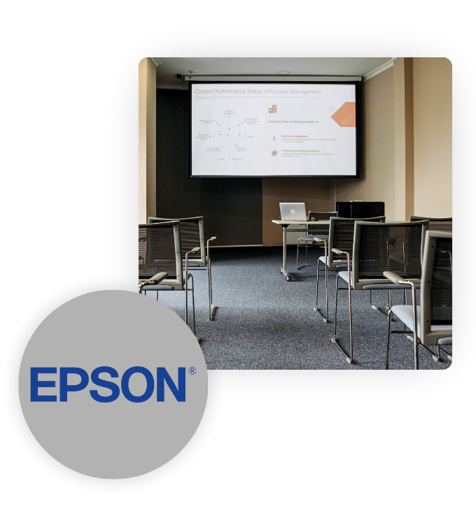 Two images. One image is of a office training room with a slide projected on a wall and the second is an image of the Epson logo