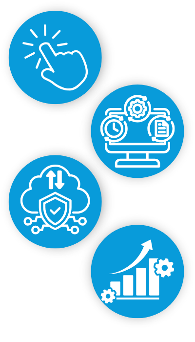 A graphic that has four blue circles with a white graphic inside each one. 1. A finger clicking on something. 2. A computer with a gear, time, and document on it. 3. A cloud with a shield. 4. A bar graph with an upward arrow.