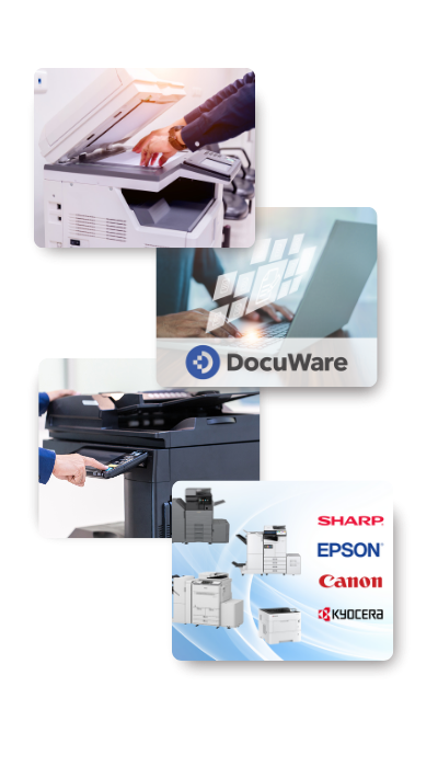 4 overlapping rectangles with rounded corners showing products. 1. Scanning or digitizing documents. 2. Digital documents on a laptop and the DocuWare logo. 3. A person at a multifunctional printer. 4. Printers and copiers next to the logos of Sharp, Epson, Canon, and Kyocera.